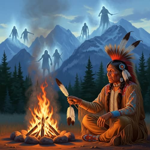 Native American Shaman Observing Campfire | Ethereal Spirits & Mountains