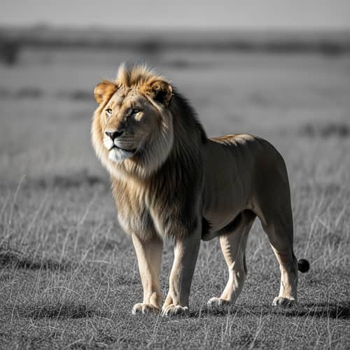 Majestic Colorless Lion on a Grassy Savannah Plain