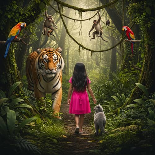 Realistic Jungle Encounter: Girl, Cat, and Tiger