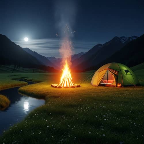 Nighttime Mountain Meadow Bonfire & Tent Scene