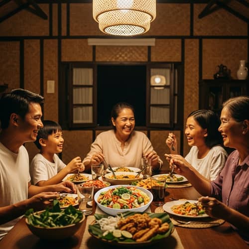 Joyful Filipino Family Sharing Traditional Pinakbet Meal