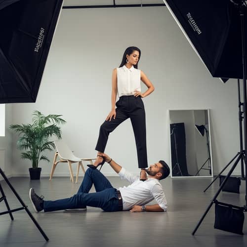 Creative Photoshoot: South Asian Female Model Standing on Hispanic Man