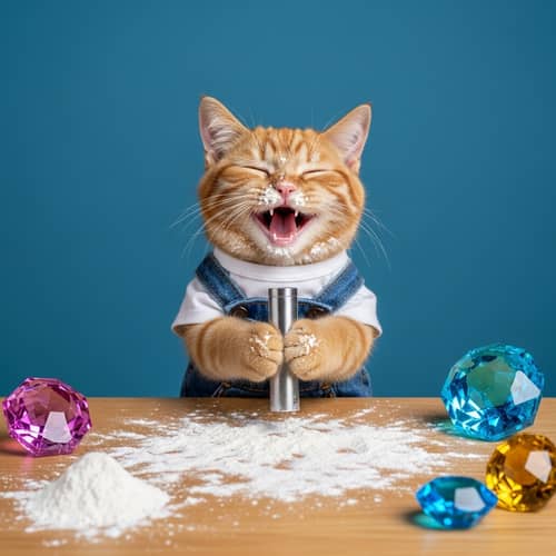 Charming Crimson Feline in Casual Attire Chuckling Below Table