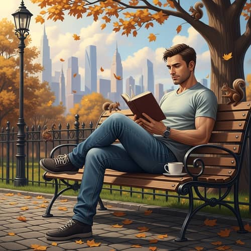 Urban Park Scene: Relaxing Adult Male Reading Book on Bench
