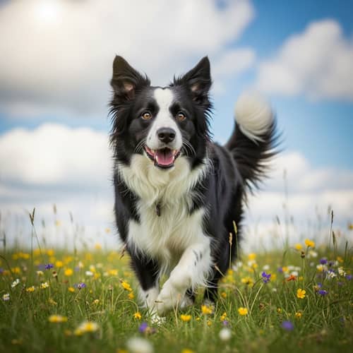 Energetic Border Collie Frolicking in Sunlit Meadow | Intelligent & Obedient
