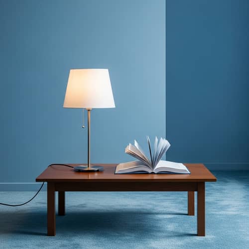 Blue Room with Low Table, Lamp, and Book
