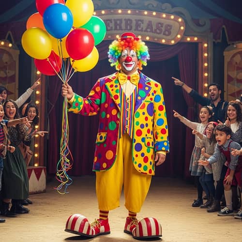 Colorful Hispanic Clown with Balloons at Circus
