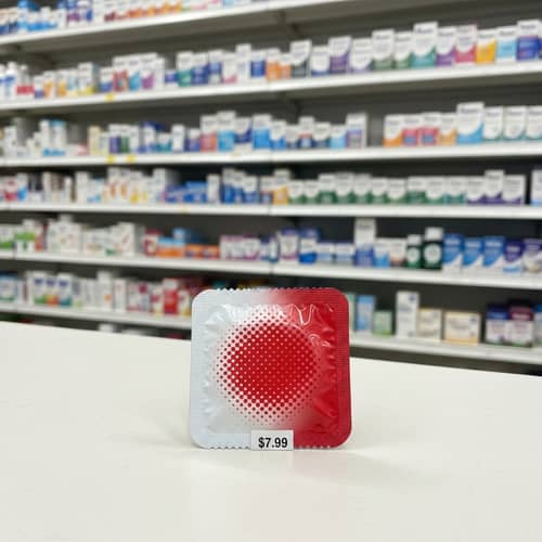 Textured Condom Package at Pharmacy - Price Tag Visible