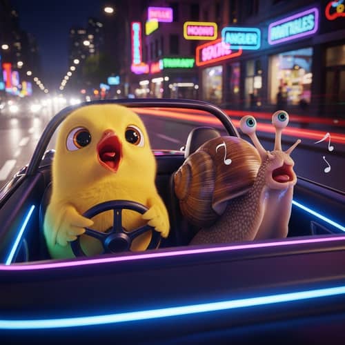 Nighttime Adventure: Chick and Mollusk Singing in Neon-Lit Car