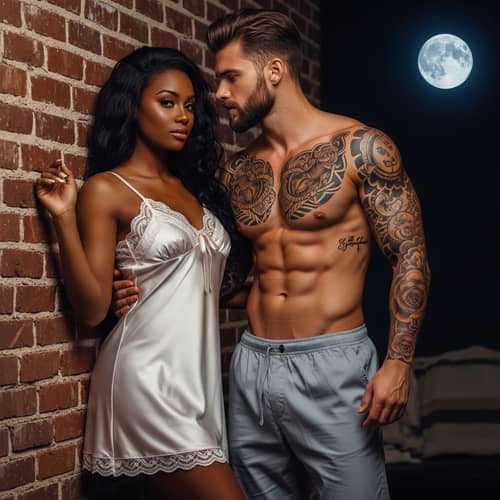 Romantic Portrait of Black Woman and White Man in Moonlit Room