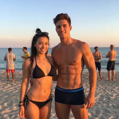 Caucasian American Couple with Korean Hairstyles on Beach at Sunset