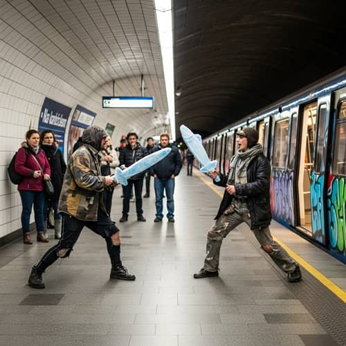 Surreal Fish Sword Duel in Subway Station: Urban Peculiarities