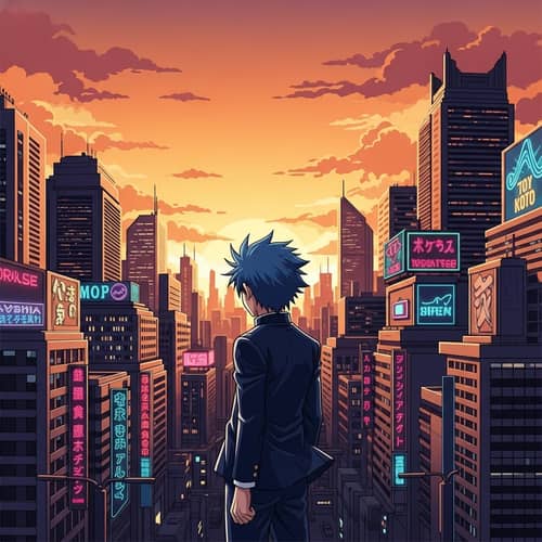 Anime-Inspired Vector Art: Spiky Blue Hair Character in Urban Setting
