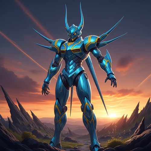 Giant Mech Robot in Shimmering Blue Armor | Heroic Pose