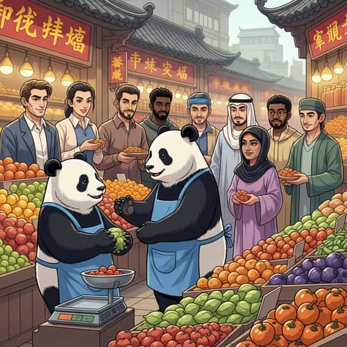 Panda Selling Vegetables in Traditional Chinese Marketplace
