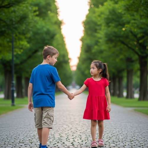 Solitary boy on cobblestone path with a concerned girl in red dress