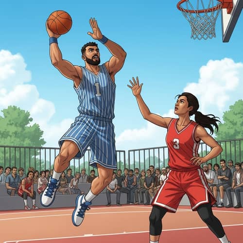 Dynamic Basketball Game Moment: Middle-Eastern Man vs South Asian Woman
