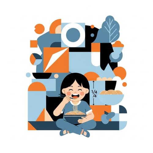 Geometric Figures Flat Illustration with Asian Girl Enjoying Pasta