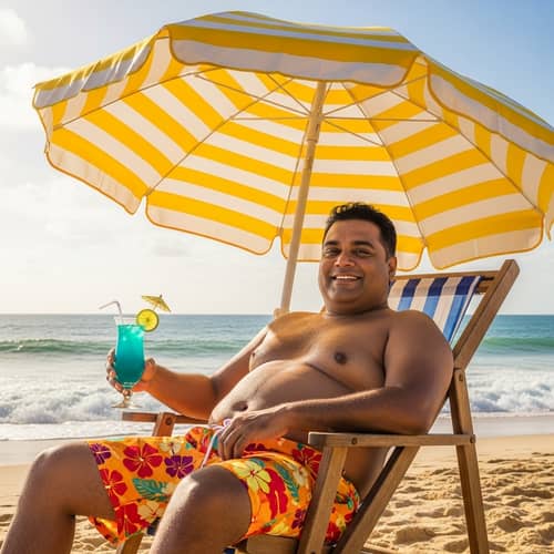 Relaxing Beach Scene with Chubby South Asian Man and Cocktail