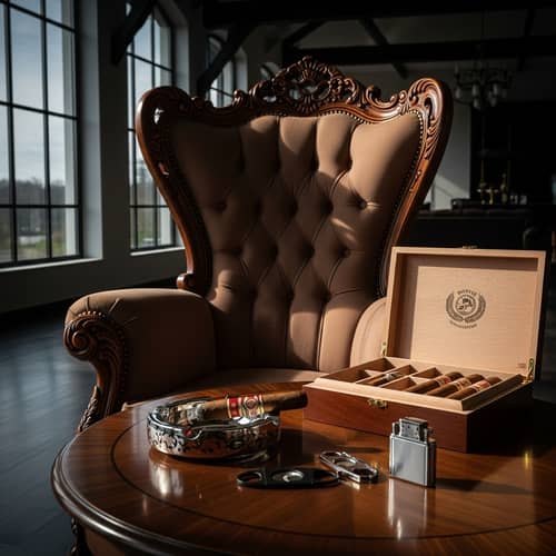 Luxurious High Back Accent Chair & Elegant Table with Cigar Accessories