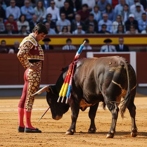 Spanish Bullfighting: Bullfighter Facing Charging Bull in Arena Spanish Bullfighting: Bullfighter Facing Charging Bull in Arena