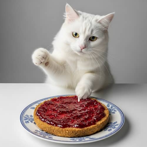 Curious White Cat Playing with Raspberry Jam-draped Falafel