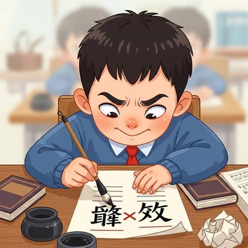 Young Asian Boy Overcoming Chinese Character Writing Challenges