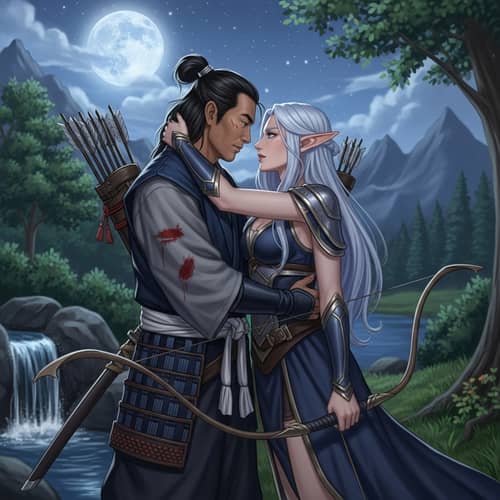 Romantic Samurai & High Elf Archer Love Scene Under Starry Sky