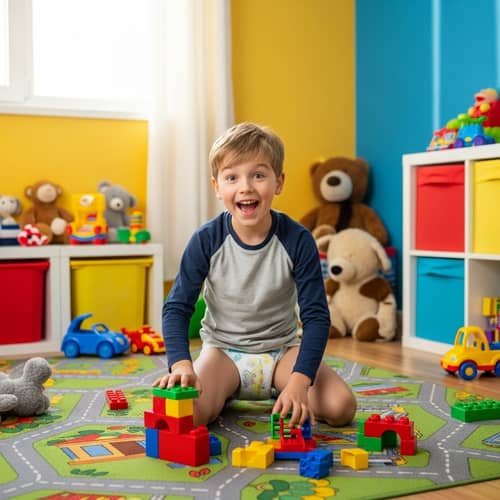Adorable 10-Year-Old Diaper Boy Playing in Colorful Playroom