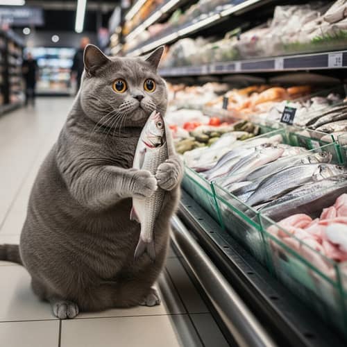 Grey British Shorthair Cat in Supermarket | Fresh Fish Scene