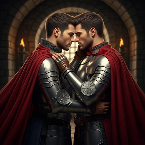 Passionate Embrace of Muscular Princes in Red Capes | Romantic Fantasy Genre