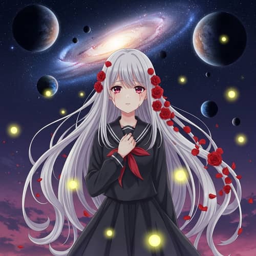 Anime-Style Girl with White Hair and Crimson Tears - Enchanting Scene