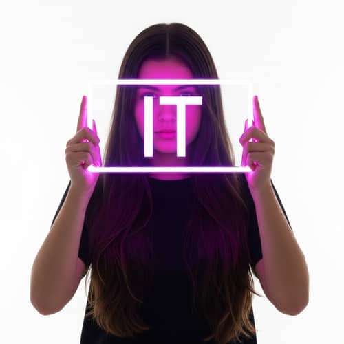 Realistic Teen with Dark Hair Holding Glowing 'IT' Sign
