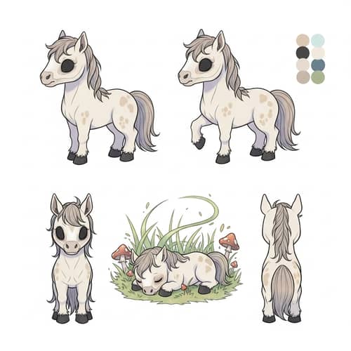 Captivating Undead Horse Chibi Reference Sheet in Soft Pastel Colors