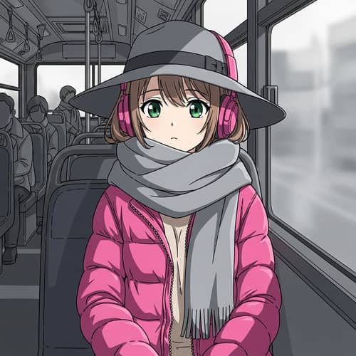 Anime Girl with Green Eyes in Bus - Stylish Contrast