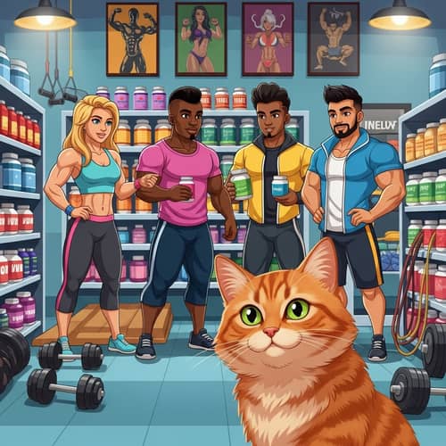 Curious Cat Observing Diverse Bodybuilders in Store