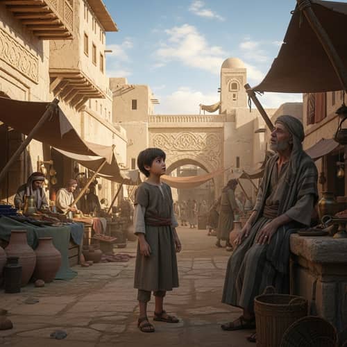 Young Middle-Eastern Boy in Ancient City Engaging with Ill Man