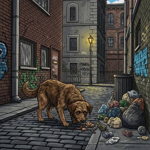 Urban Scene: Stray Dog Curiously Navigating Through Cobblestone Streets