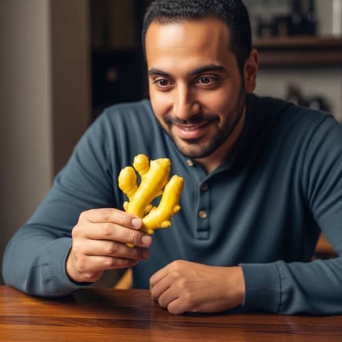 Middle Eastern Man Enjoying Spicy Ginger at Wooden Table