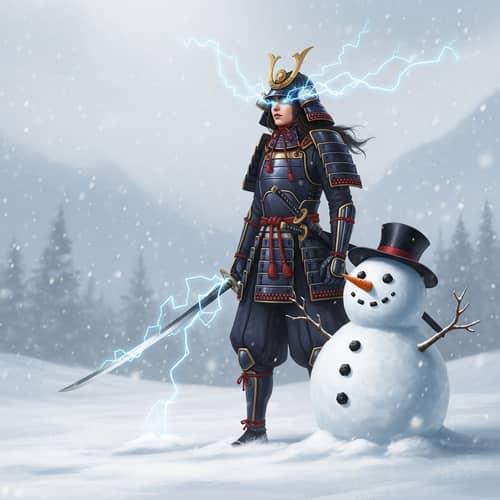 Samurai General with Lightning Powers in Snowy Landscape