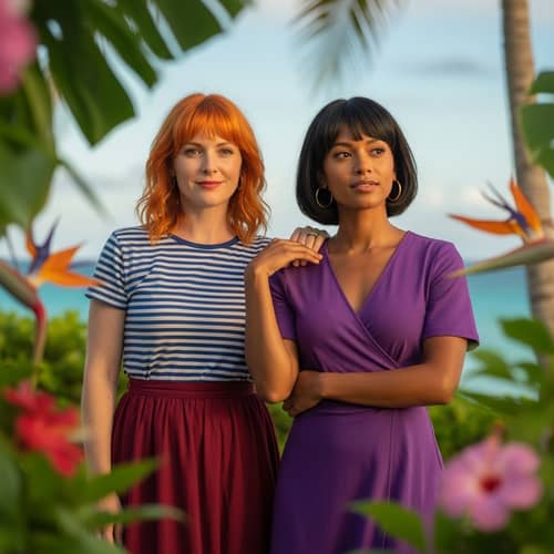 Adventurous Woman in Blue and White T-Shirt with Scholarly Woman in Purple Dress in Tropical Setting
