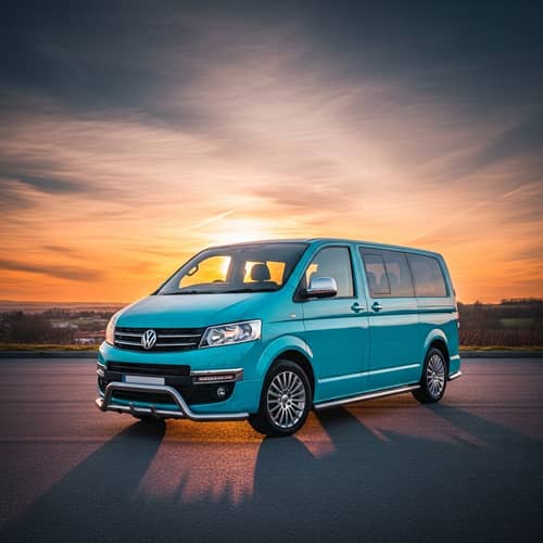 Stunning Modern Turquoise Van Against Sunset Backdrop