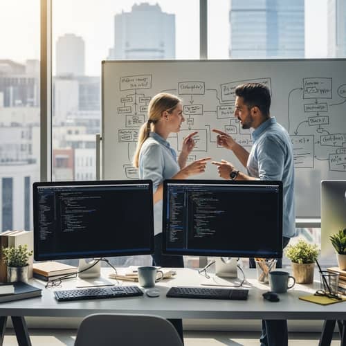 Programmer PC Wallpaper: Modern Workspace with Diverse Programmers