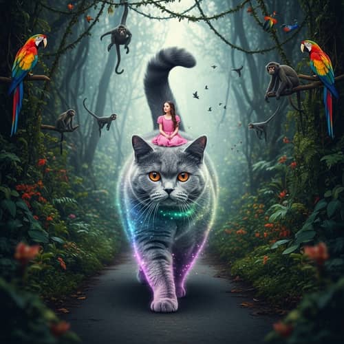 Incredibly Realistic Scene: British Cat, Girl in Pink Dress, Wild Jungles