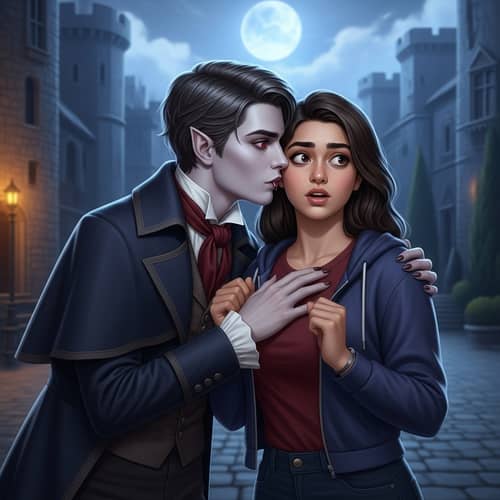 Young vampire boy giving a gentle kiss in moonlit courtyard