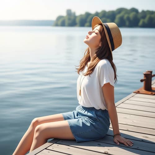 Tranquil Anime-Style Girl Enjoying Sunny Day by Waterside