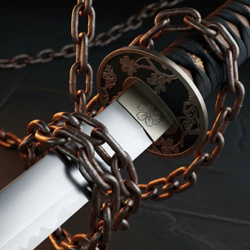 Japanese Katana with Elegant Blade and Rusty Chains