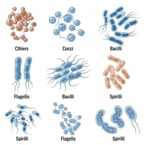 Educational Illustration: Types of Bacteria - Shapes, Cell Walls, and Flagella