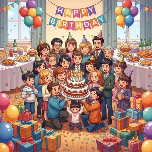 Colorful Birthday Party Celebration with Cake & Balloons