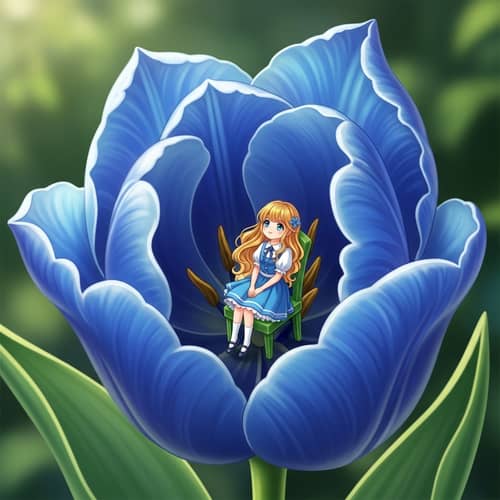 Vibrant Blue Tulip with Miniature Girl Illustration